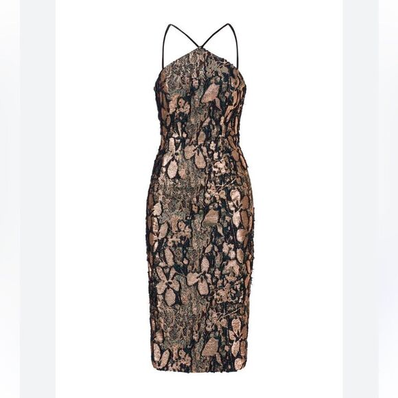 Theia Navy Rose Gold Floral Metallic Halter Sheath Cocktail Dress | 6 - Picture 2 of 13